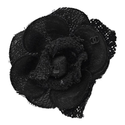Chanel Tweed Fabric Camellia Pin Brooch Black 1 of 3