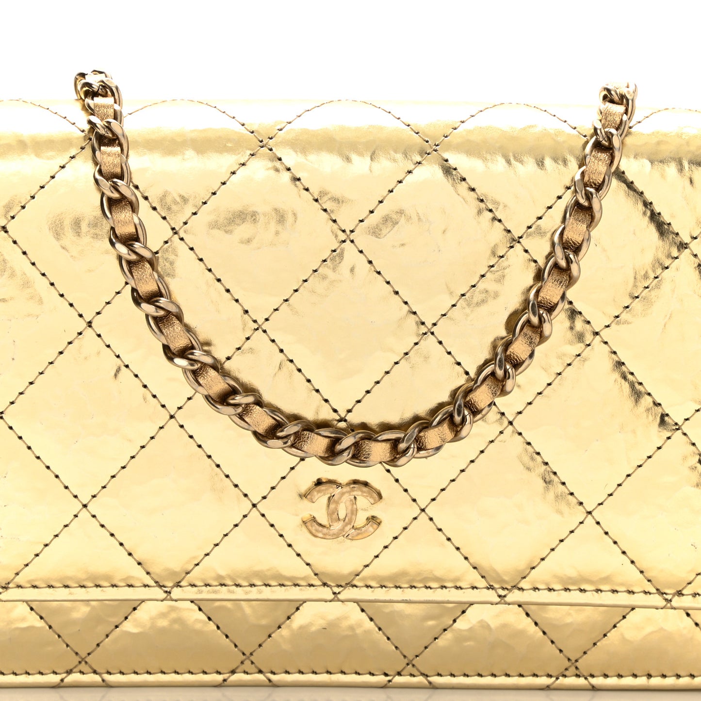 Hammered Metallic Calfskin Quilted Wallet On Chain WOC Gold