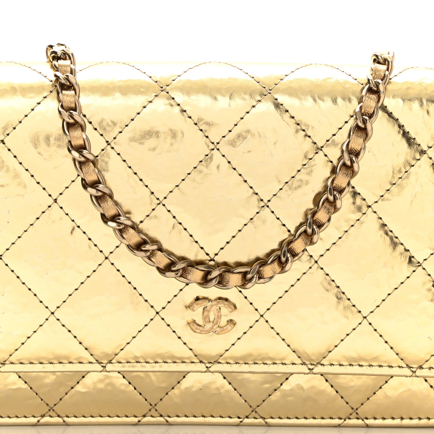Chanel Hammered Metallic Calfskin Quilted Wallet On Chain WOC Gold 9 of 13