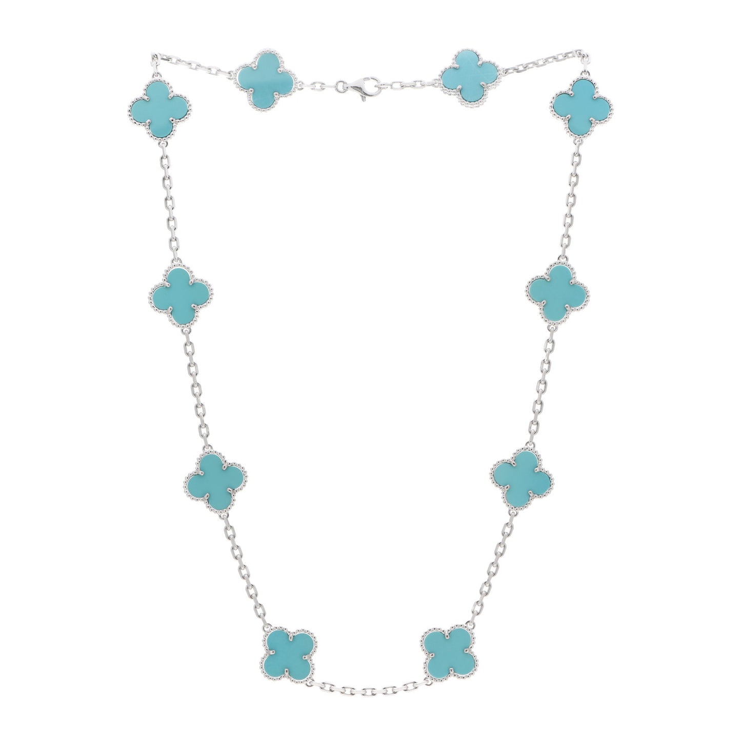 18K White Gold Turquoise 10 Motifs Vintage Alhambra Necklace
