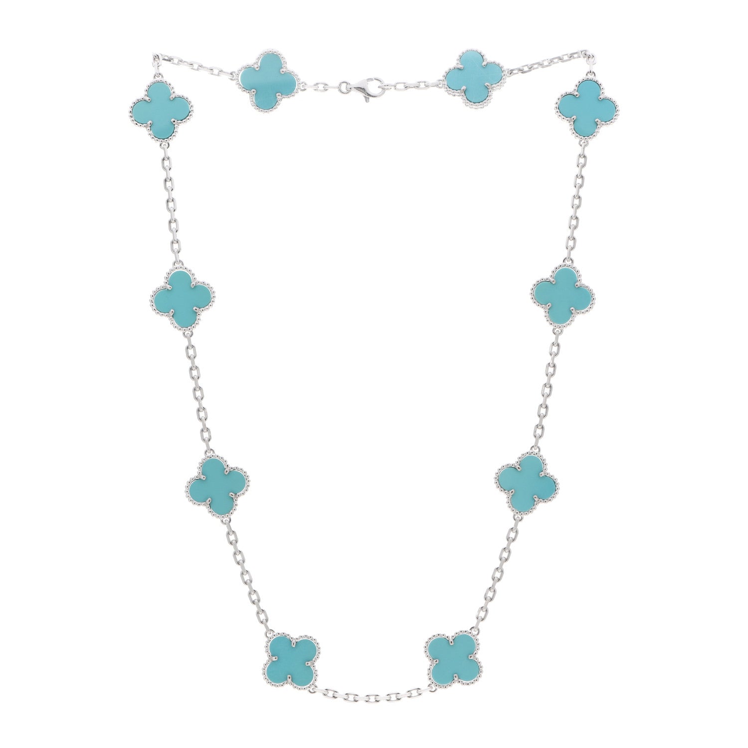 Van Cleef & Arpels 18K White Gold Turquoise 10 Motifs Vintage Alhambra Necklace 3 of 6