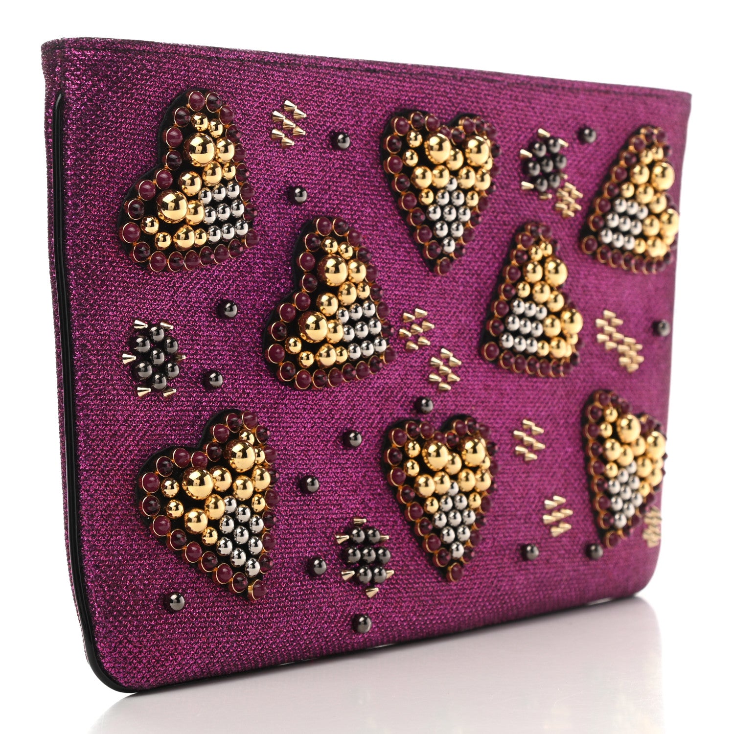 Christian Louboutin Metallic Raffia Studded Loubiposh Chain Clutch Magenta 2 of 5