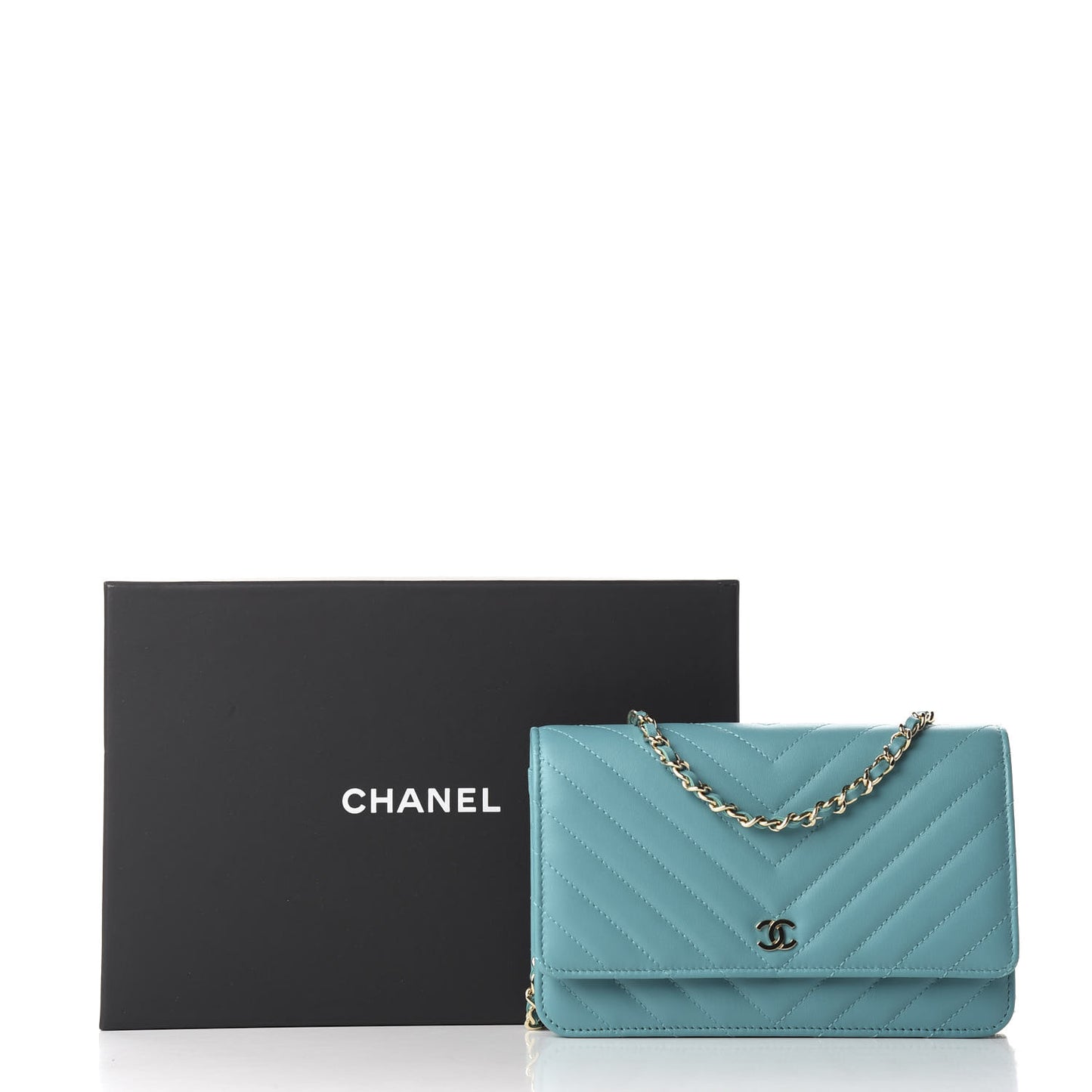 Lambskin Chevron Quilted Wallet On Chain WOC Turquoise