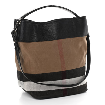 Burberry Grainy Calfskin Canvas Mega Check Medium Ashby Tassel Hobo Black 3 of 14