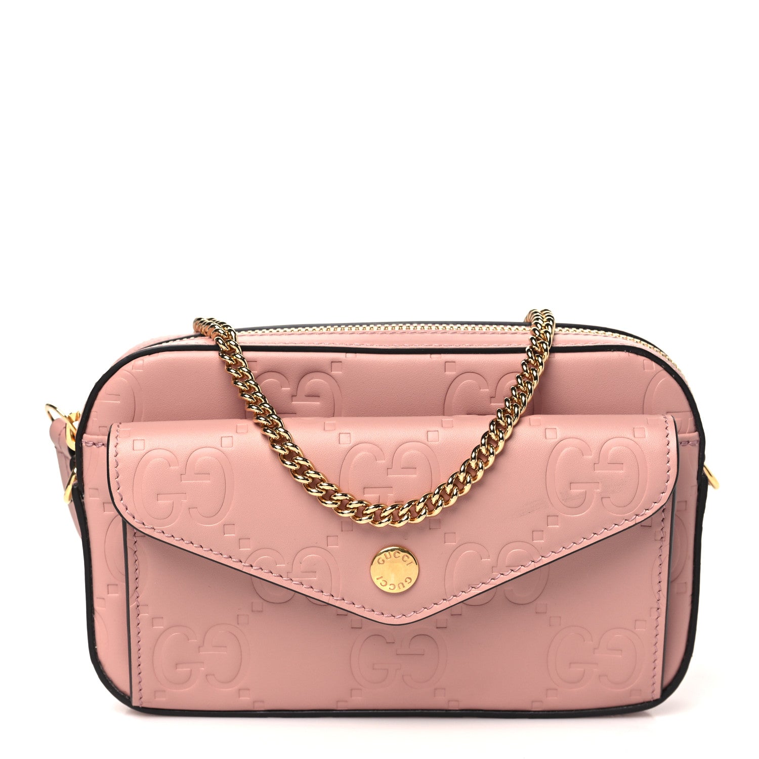 Gucci Calfskin GG Super Mini Debossed Chain Wallet Dust Carmine 1 of 11