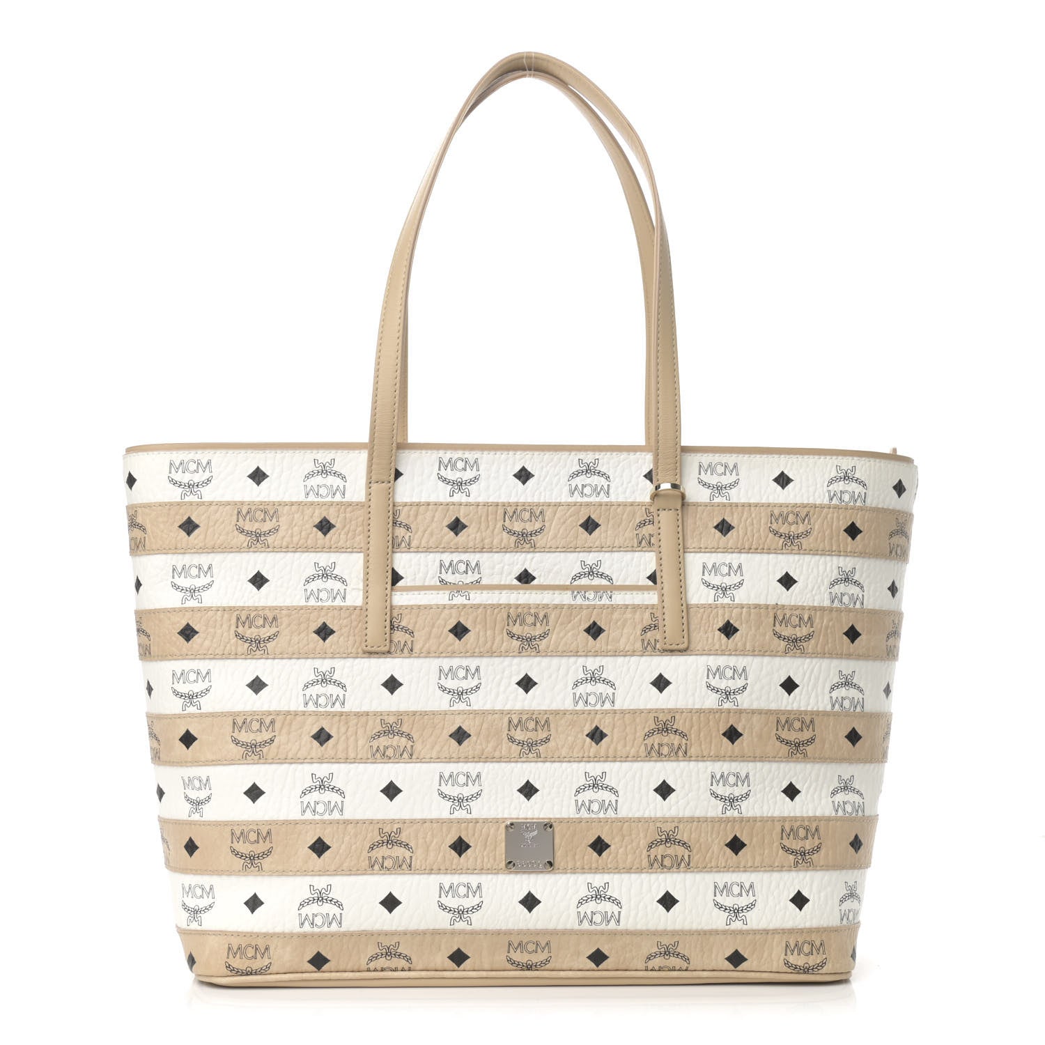 MCM Visetos Striped Medium Anya Shopper Tote White Beige 1 of 16