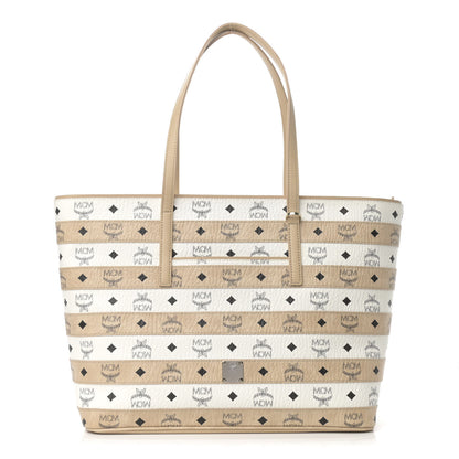 MCM Visetos Striped Medium Anya Shopper Tote White Beige 1 of 16