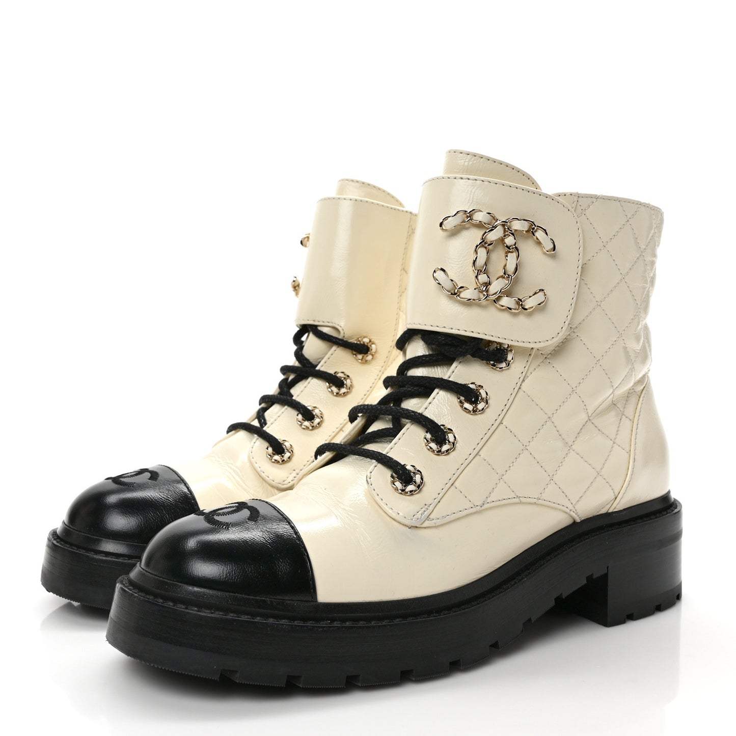 Shiny Goatskin Calfskin Quilted Lace Up Combat Boots 38.5 White Black