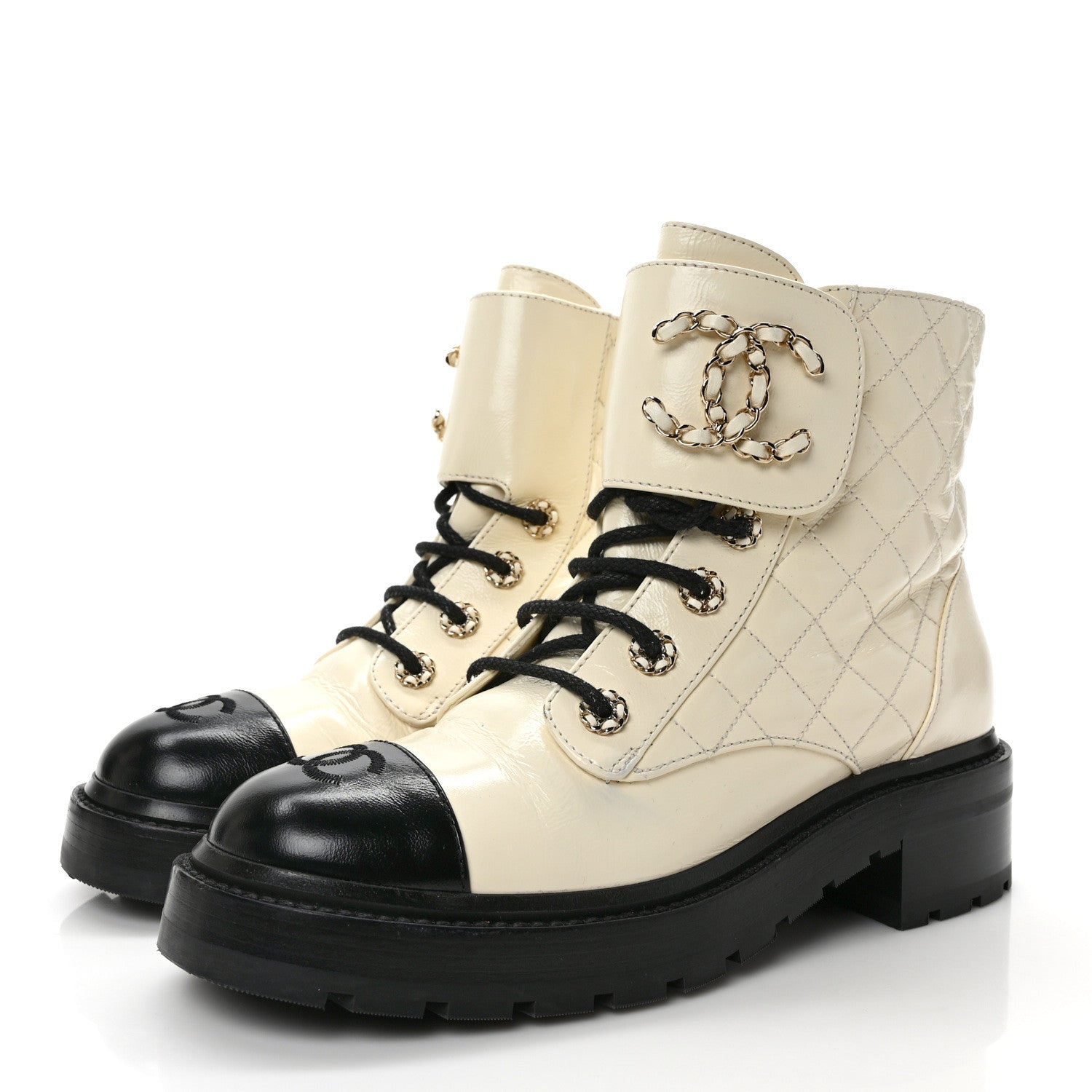 Chanel Shiny Goatskin Calfskin Quilted Lace Up Combat Boots 38.5 White Black 3 of 10