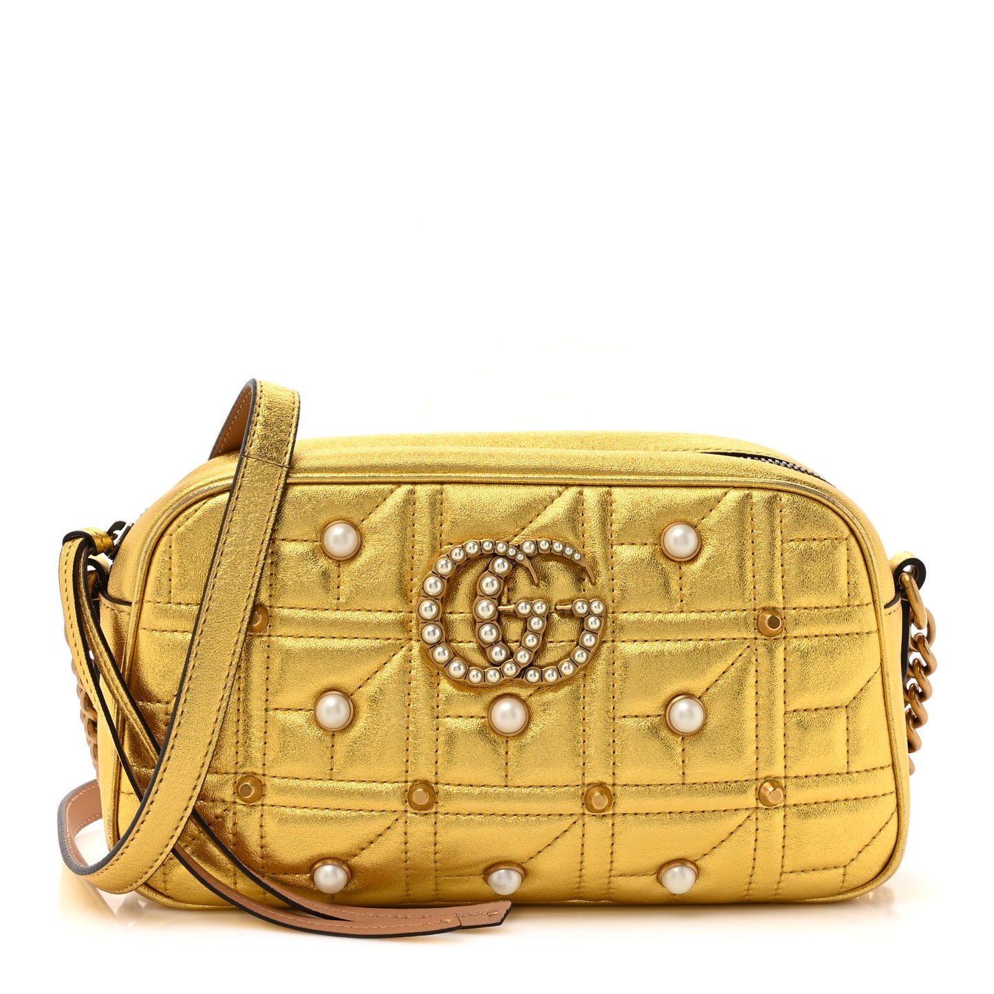Metallic Calfskin Matelasse Studded Small Pearly GG Marmont Chain Shoulder Bag Gold