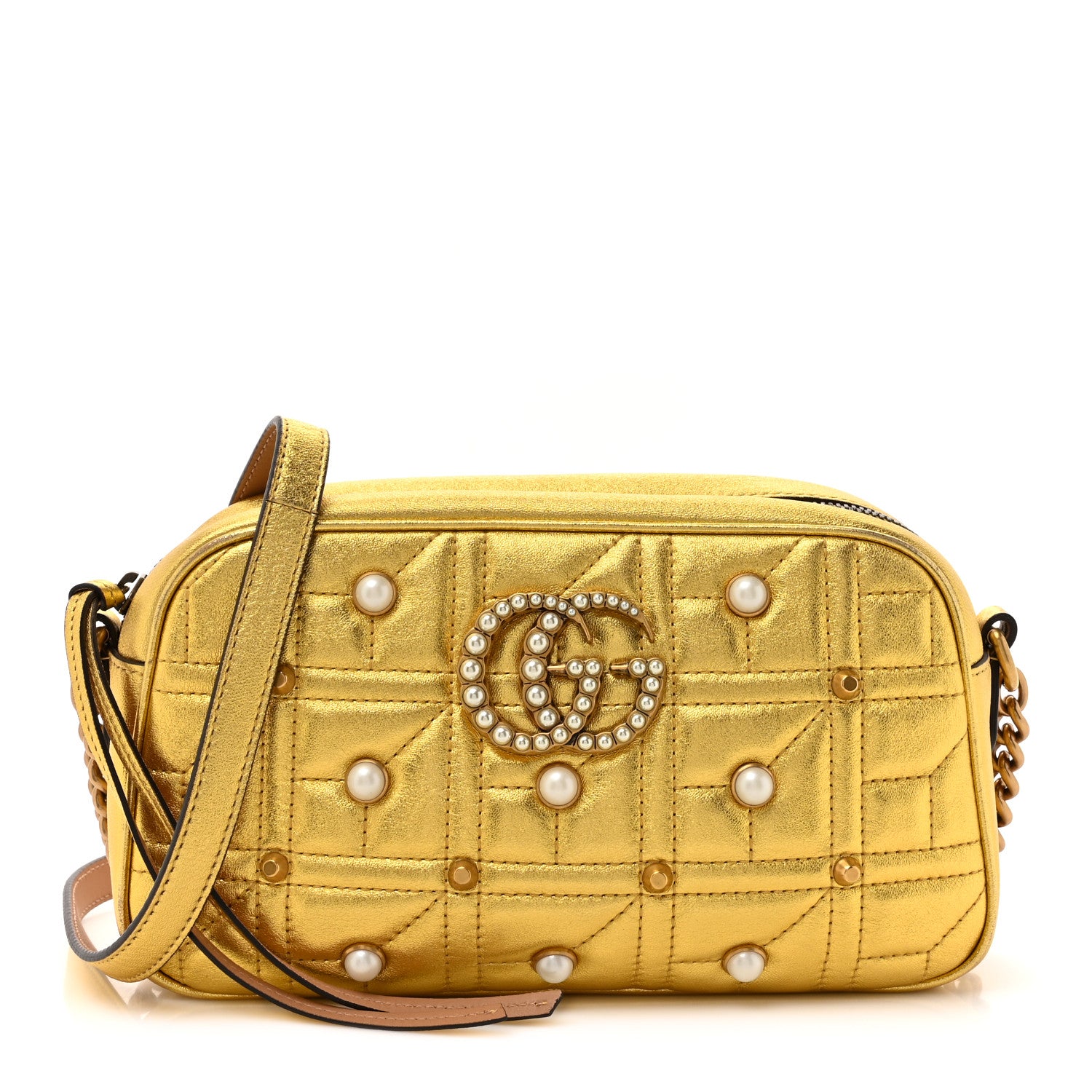 Gucci Metallic Calfskin Matelasse Studded Small Pearly GG Marmont Chain Shoulder Bag Gold 1 of 11