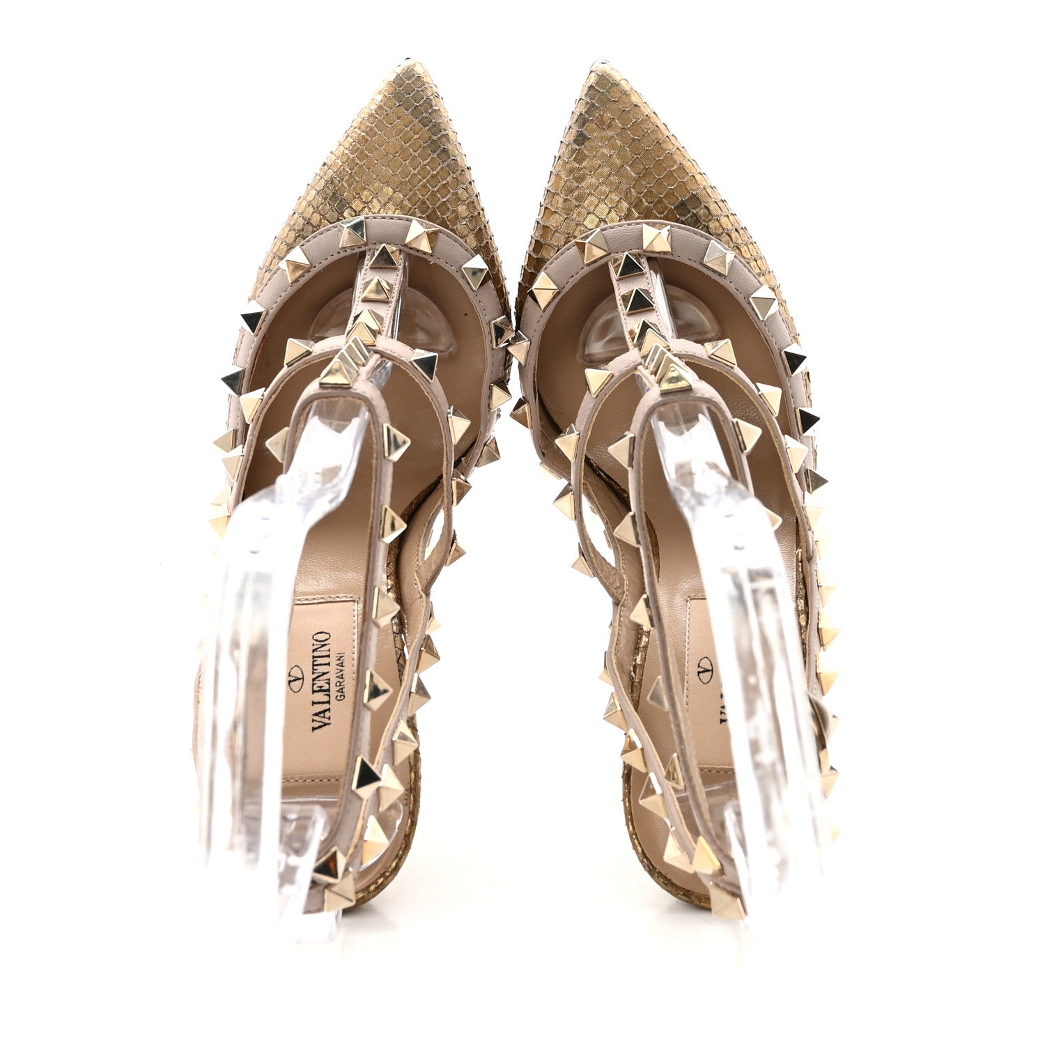Valentino Garavani Metallic Elaphe Rockstud Ankle Strap 100mm Pumps 35 Gold Poudre 2 of 9