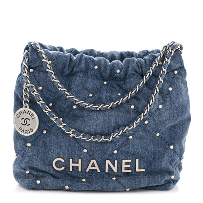 Chanel Washed Denim Quilted Studded Mini Chanel 22 Blue 1 of 10