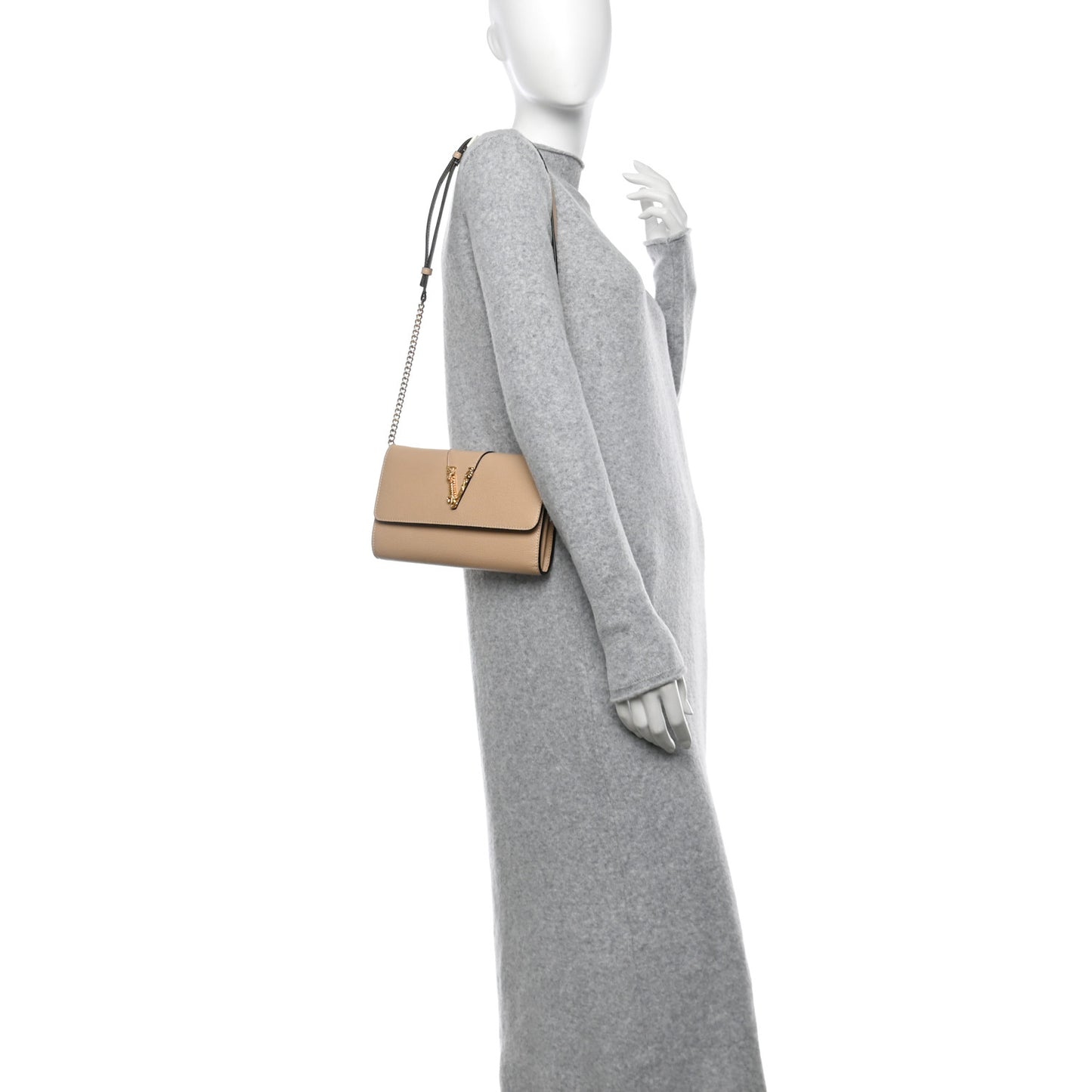 Grained Calfskin Virtus Wallet On Chain Beige