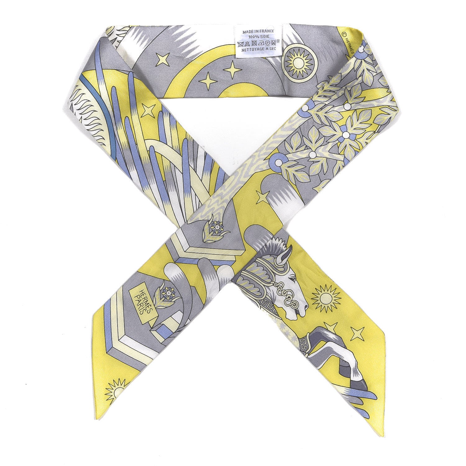 Hermes Silk La Source de Pegase Twilly Jaune Vif Gris Perle 1 of 3
