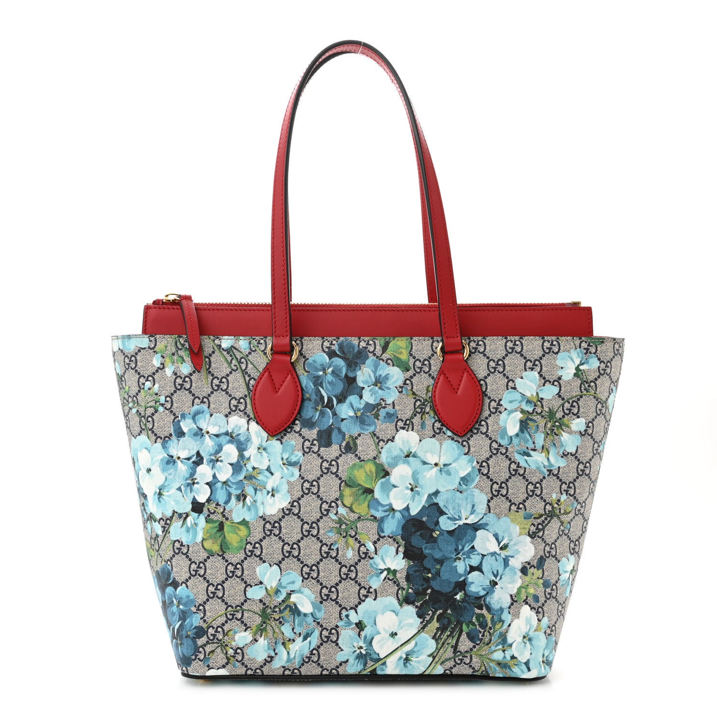 GG Supreme Monogram Blooms Medium Zippered Bucket Tote Beige Blue Navy Hibiscus Red