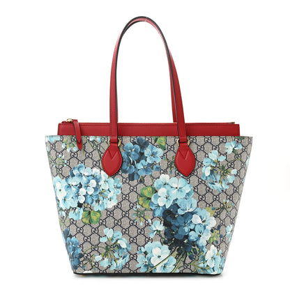 Gucci GG Supreme Monogram Blooms Medium Zippered Bucket Tote Beige Blue Navy Hibiscus Red 1 of 12