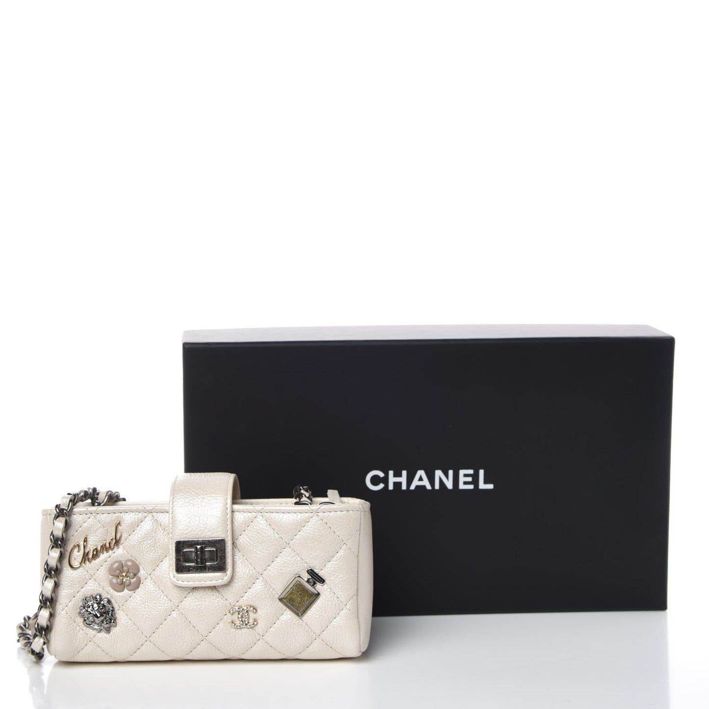 Metallic Calfskin Quilted Lucky Charms Mini Phone Holder Clutch Ivory