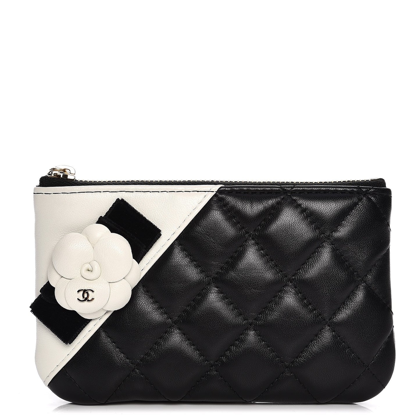 Lambskin Quilted Small Camellia Cosmetic Pouch Black White