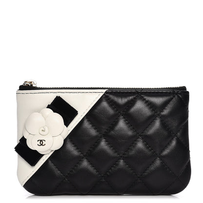 Chanel Lambskin Quilted Small Camellia Cosmetic Pouch Black White 1 of 8