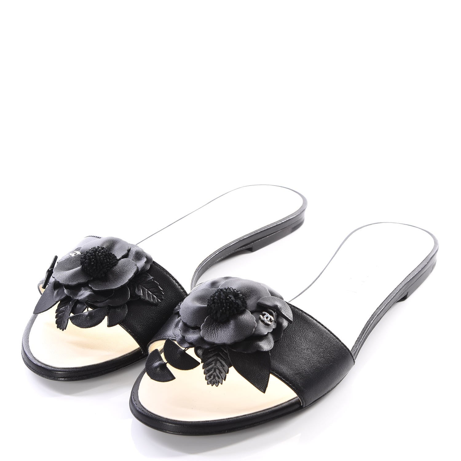 Chanel Lambskin Camellia Slides 37.5 Black 2 of 9