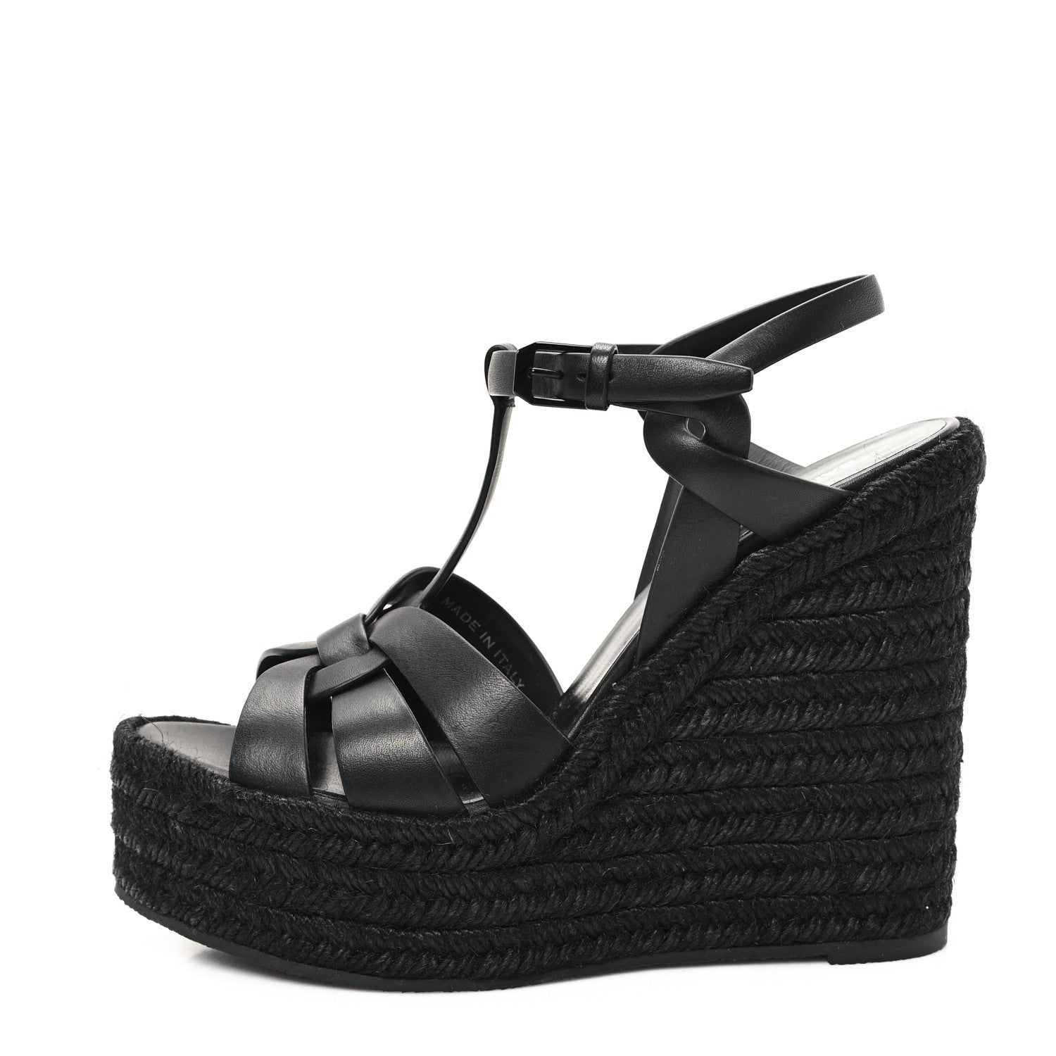 Saint Laurent Calfskin Tribute 95 Platform Espadrille Wedge Sandals 38.5 Black 1 of 9