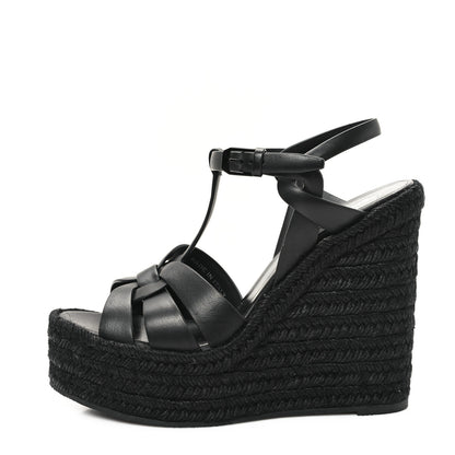 Saint Laurent Calfskin Tribute 95 Platform Espadrille Wedge Sandals 38.5 Black 1 of 9
