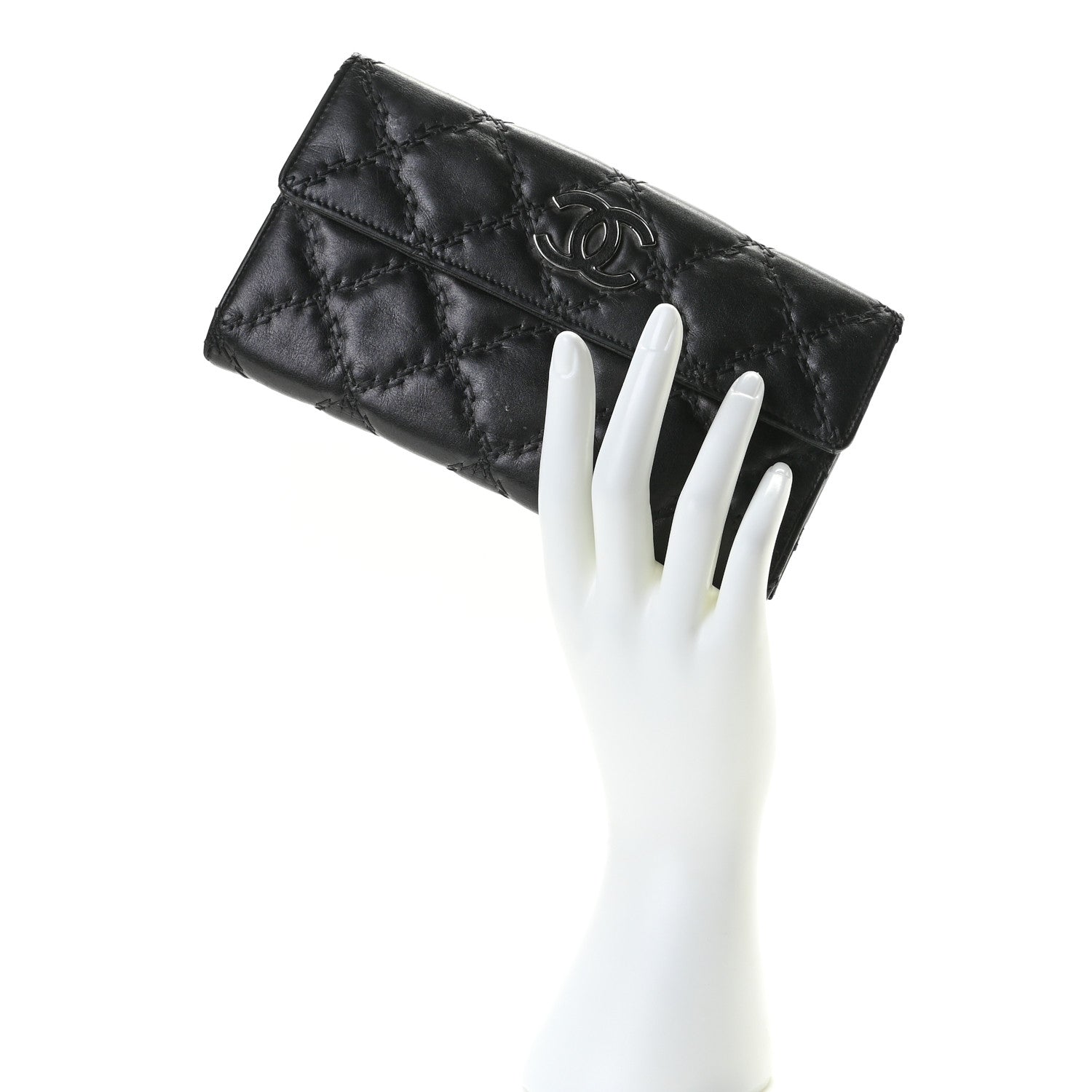 Chanel Calfskin Double Stitch Hamptons Flap Wallet Black 2 of 9