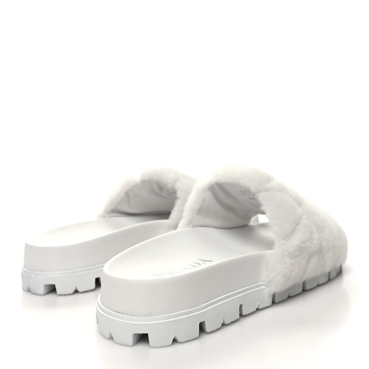 Shearling Metal Triangle Logo Lug Sole 20mm Slide Sandals 37.5 White