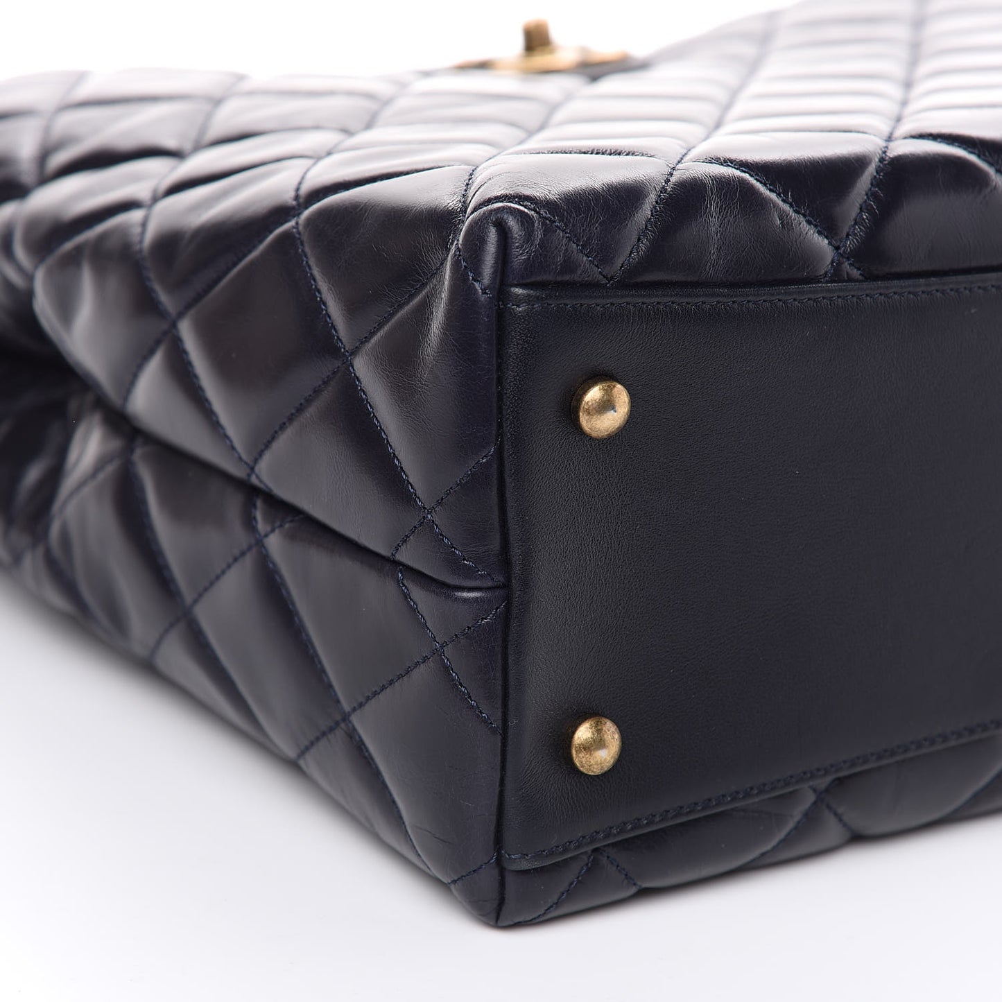 Calfskin Quilted Large Gold Bar Top Handle Tote Dark Navy Blue