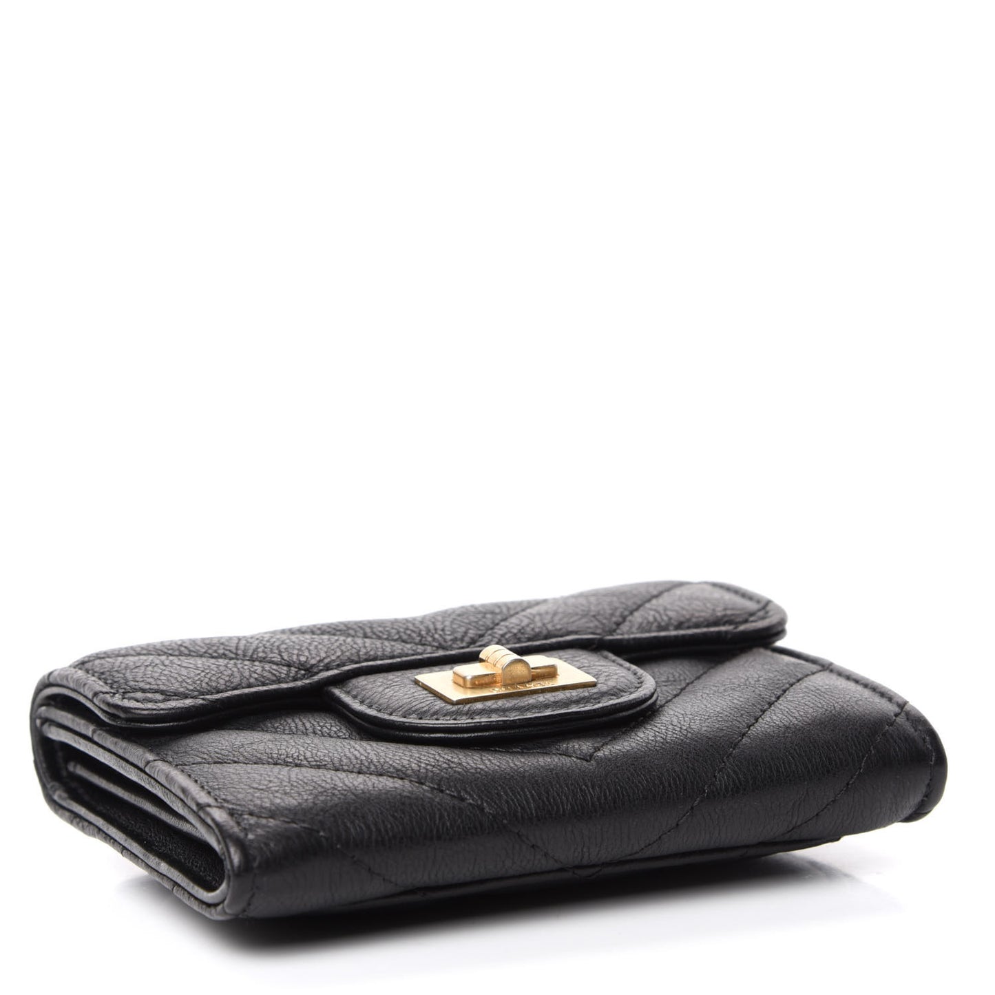 Crumpled Calfskin Chevron Quilted Reissue Card Holder Black