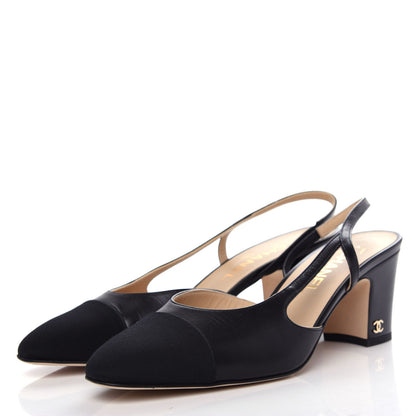 Chanel Goatskin Grosgrain Cap Toe CC Slingback Sandals 39.5 Black 3 of 11