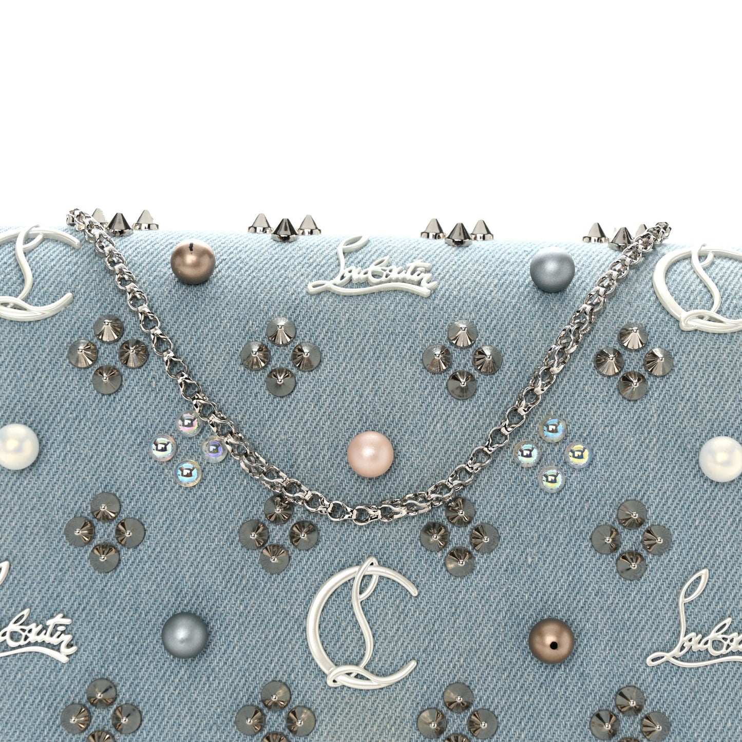 Denim Calfskin Patent Pearl Spikes Loubinthesky Paloma Clutch Paloma Blue