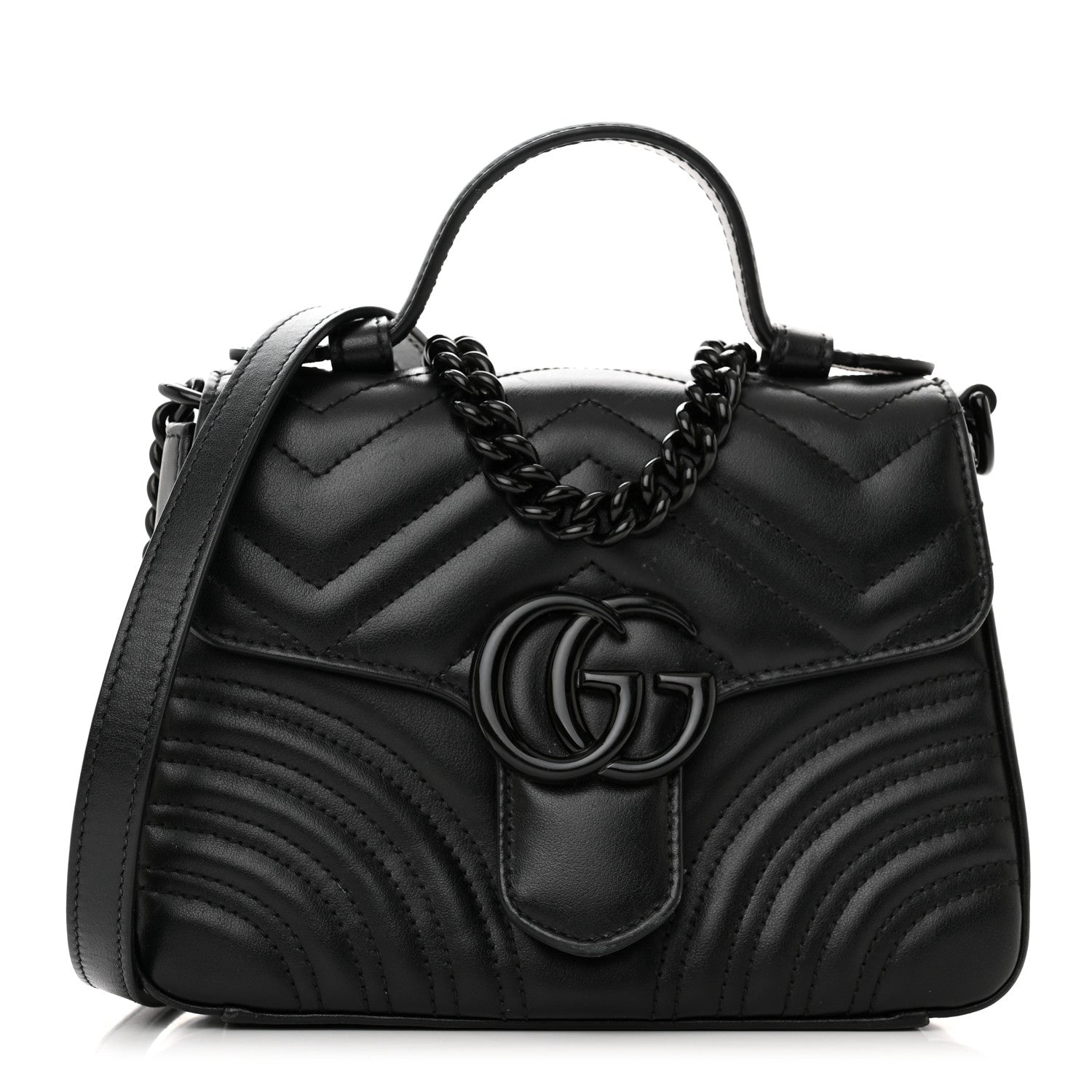 Gucci Calfskin Matelasse Monochrome Mini GG Marmont Top Handle Shoulder Bag Black 1 of 14
