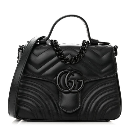 Gucci Calfskin Matelasse Monochrome Mini GG Marmont Top Handle Shoulder Bag Black 1 of 14