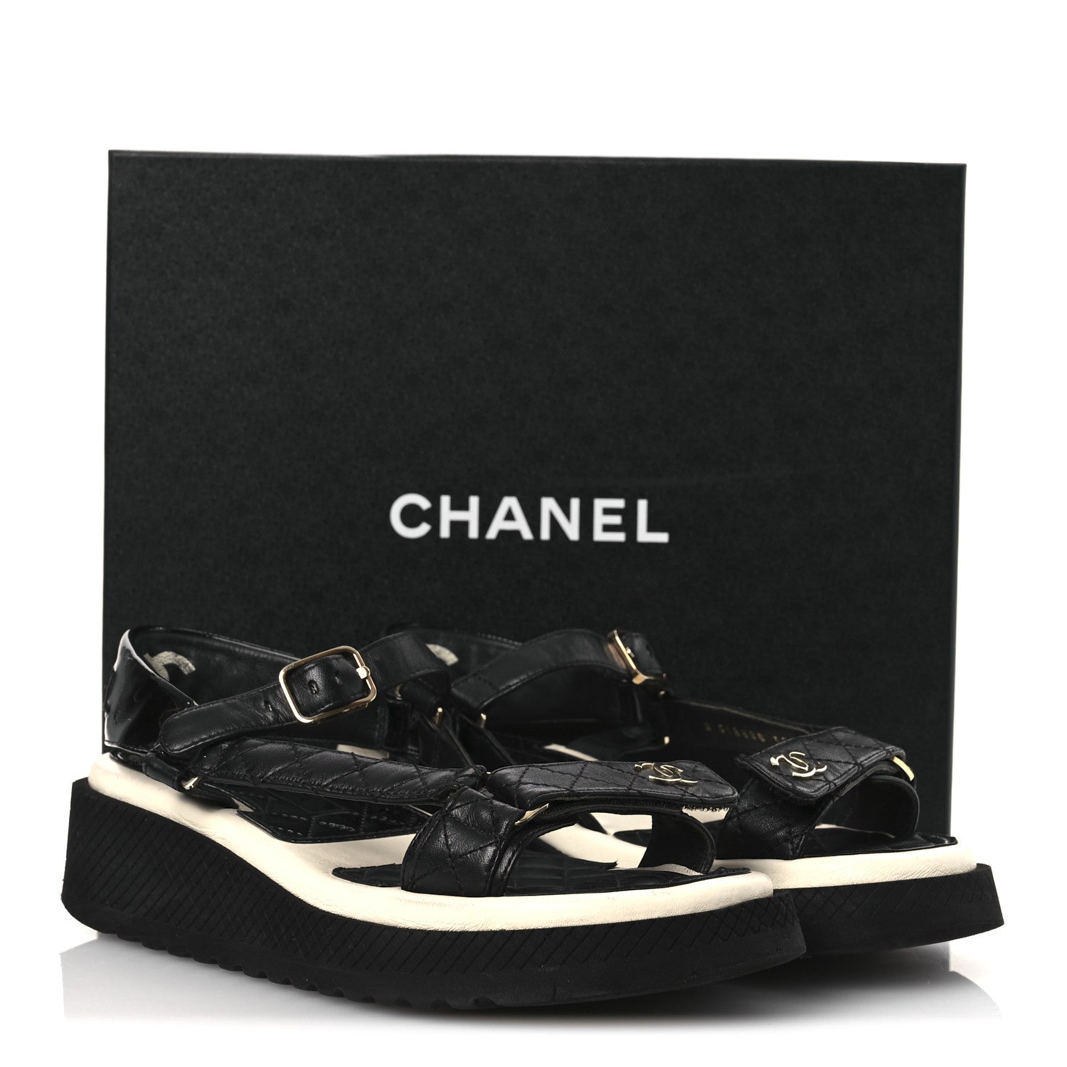 Chanel Lambskin Patent Logo Platform Sandals 39 Black 1755265