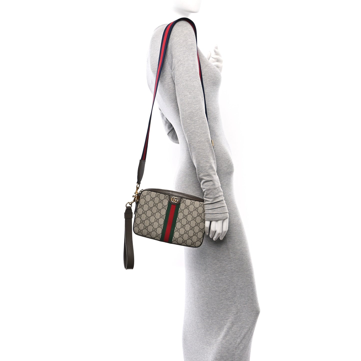 GG Supreme Monogram Textured Dollar Calfskin Web Ophidia Wristlet Shoulder Bag Beige Ebony New Acero