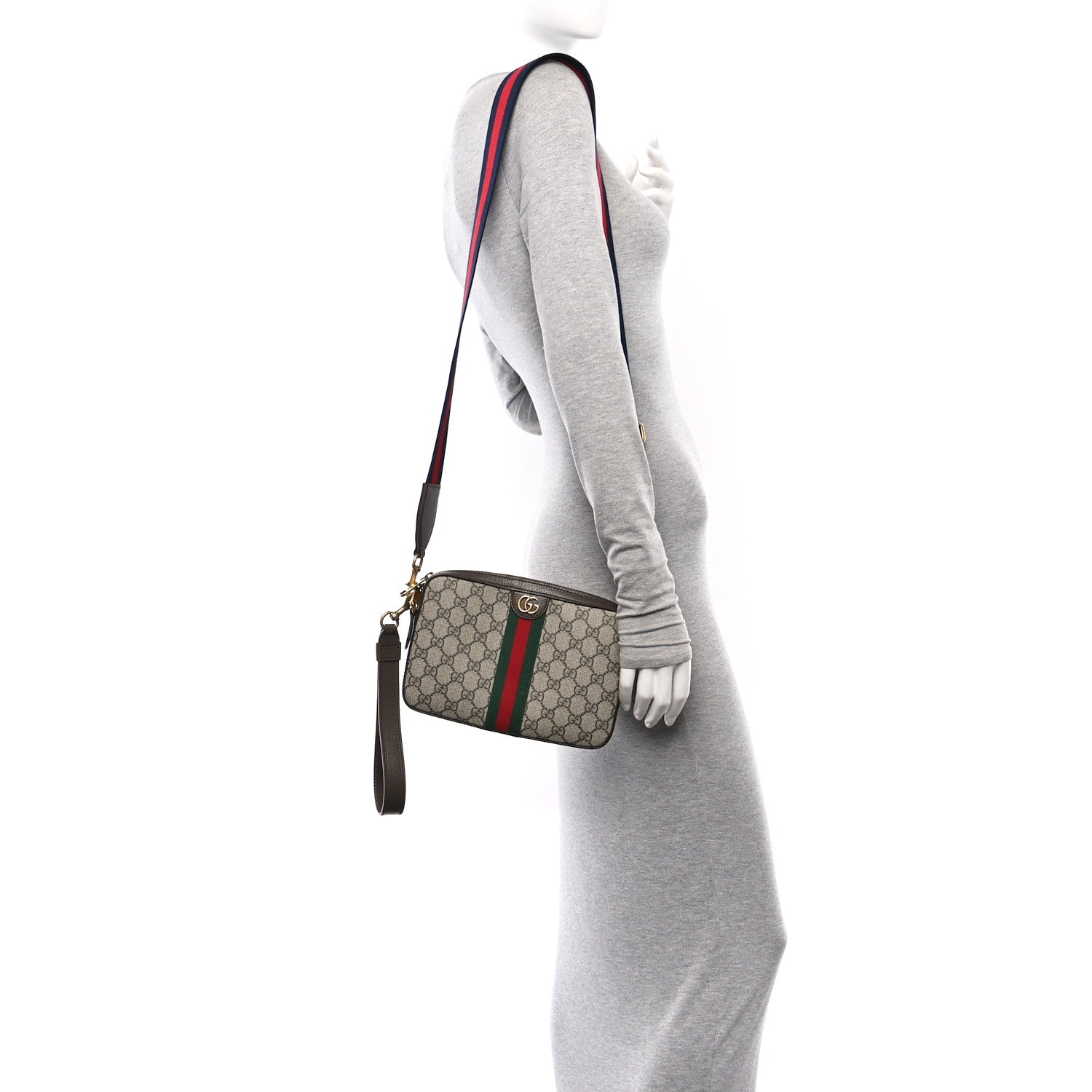 Gucci GG Supreme Monogram Textured Dollar Calfskin Web Ophidia Wristlet Shoulder Bag Beige Ebony New Acero 2 of 11