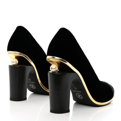 Chanel Velvet Satin Cap Toe Pearl Pumps 38 Black 4 of 13
