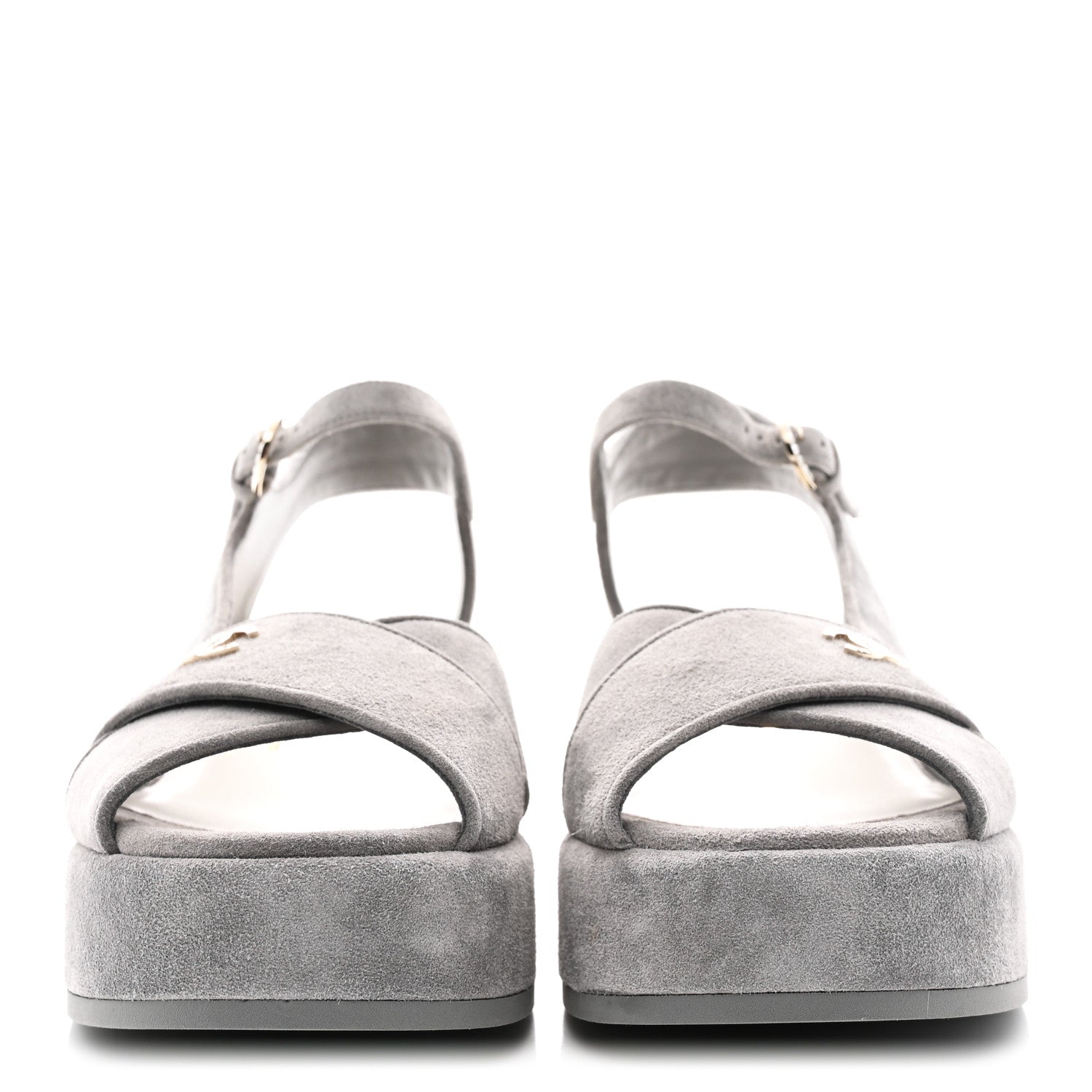 Chanel Suede Calfskin Peep Toe Wedge Sandals 40.5 Grey 3 of 9