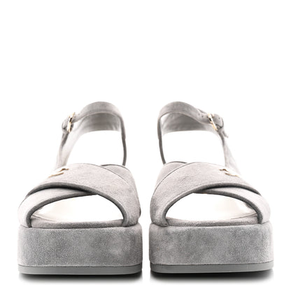 Chanel Suede Calfskin Peep Toe Wedge Sandals 40.5 Grey 3 of 9