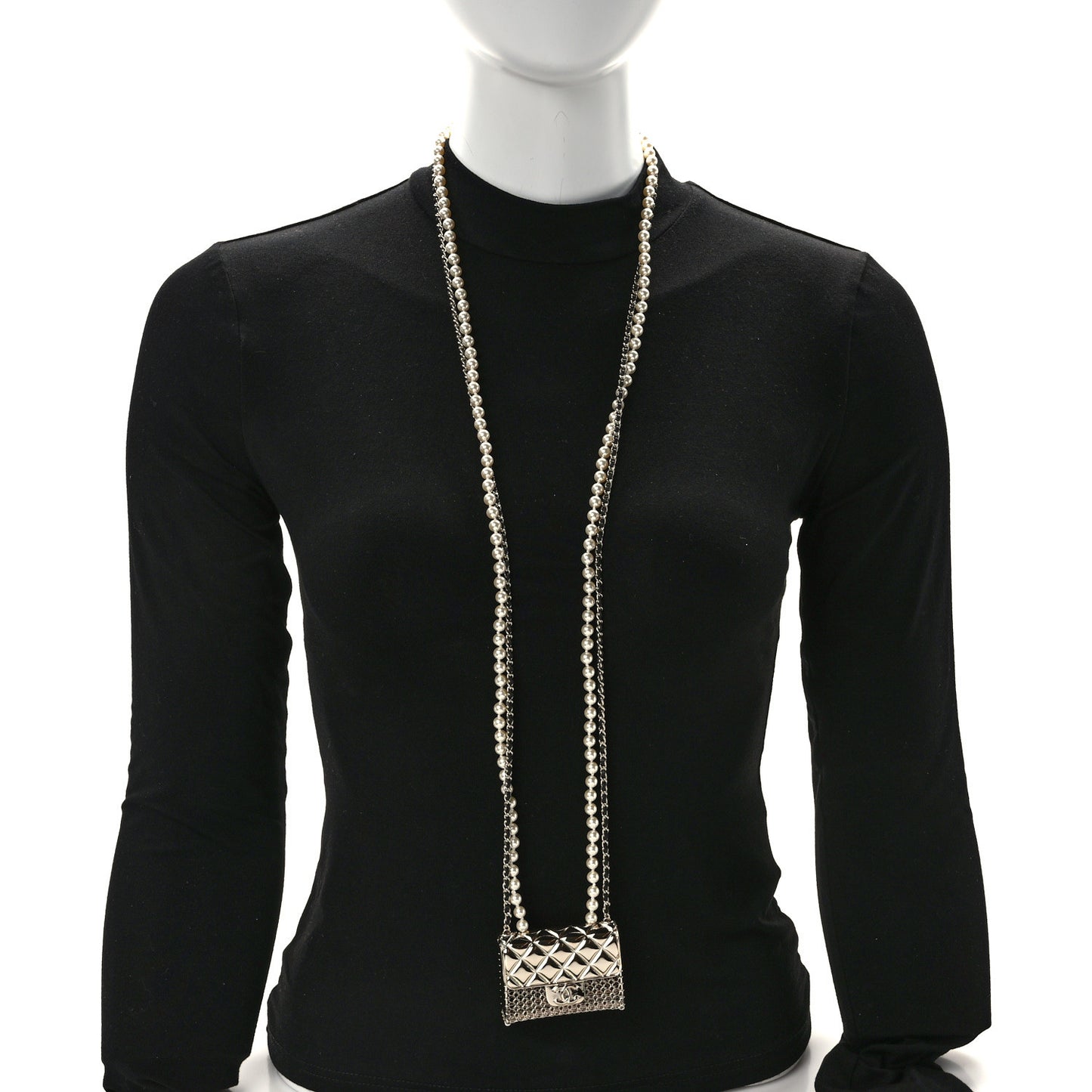 Metal Lambskin Pearl Chain Flap Bag Multi Strand Long Necklace Gold Black Pearly White