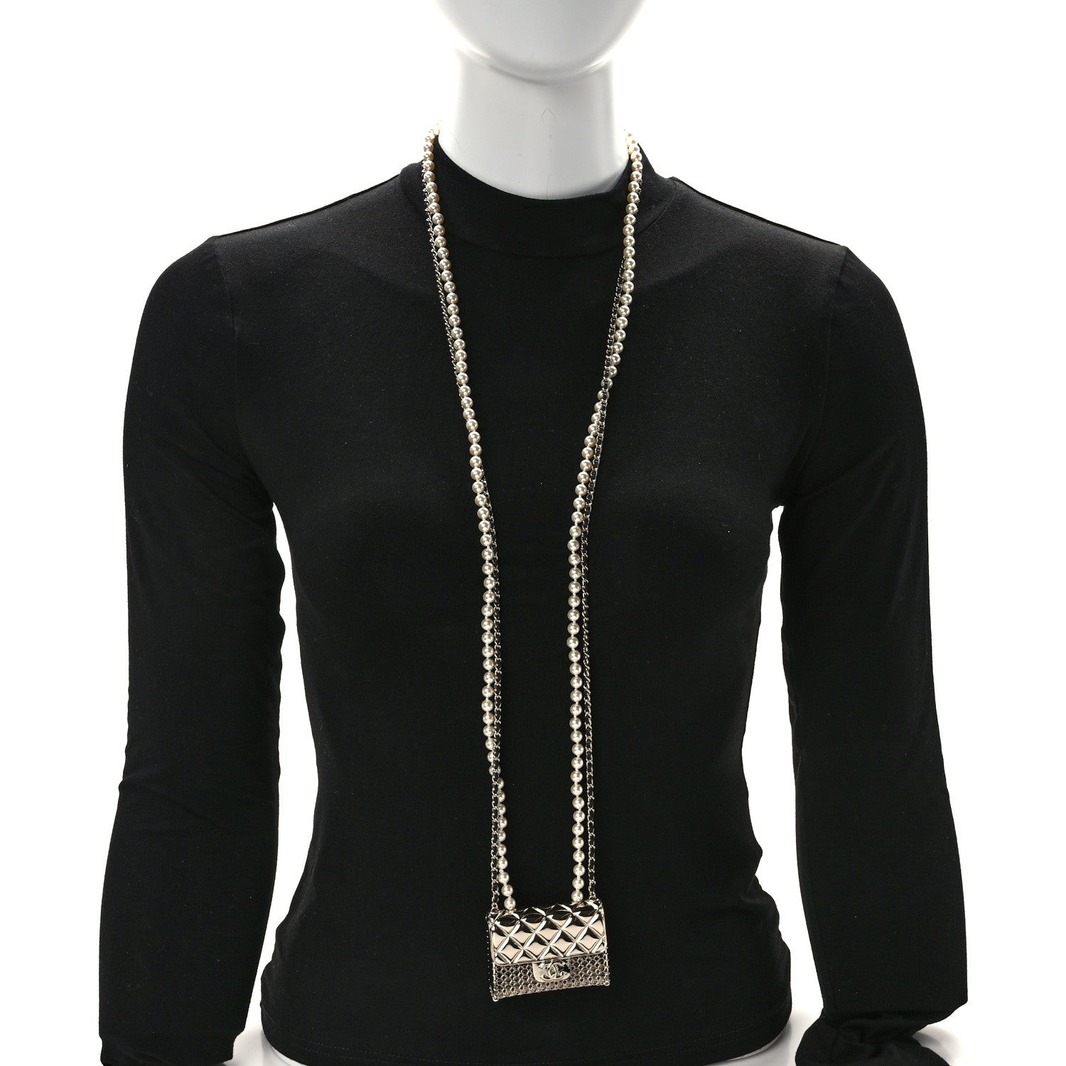 Chanel Metal Lambskin Pearl Chain Flap Bag Multi Strand Long Necklace Gold Black Pearly White 2 of 5
