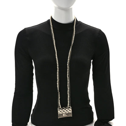 Chanel Metal Lambskin Pearl Chain Flap Bag Multi Strand Long Necklace Gold Black Pearly White 2 of 5