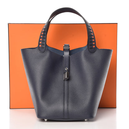 Hermes Epsom Tressage De Cuir Picotin Lock 22 MM Bleu Indigo Black Terre Battue 8 of 8