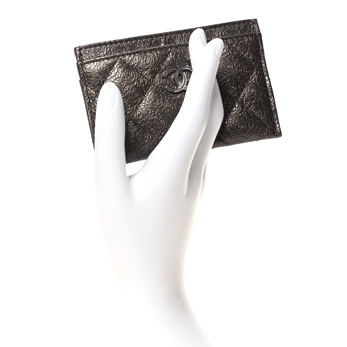 Metallic Calfskin Camellia Embossed Quilted Card Holder Grey