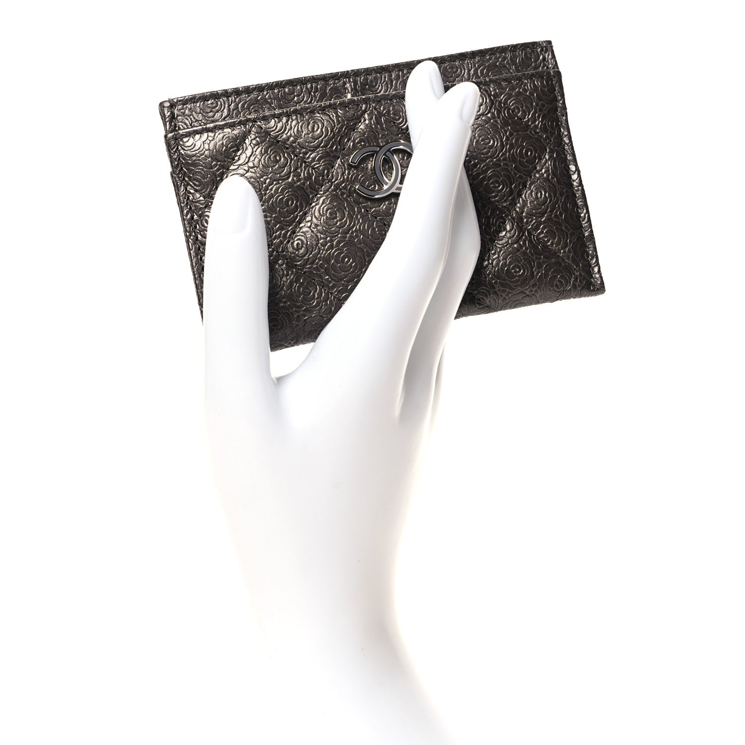 Chanel Metallic Calfskin Camellia Embossed Quilted Card Holder Grey 2 of 9