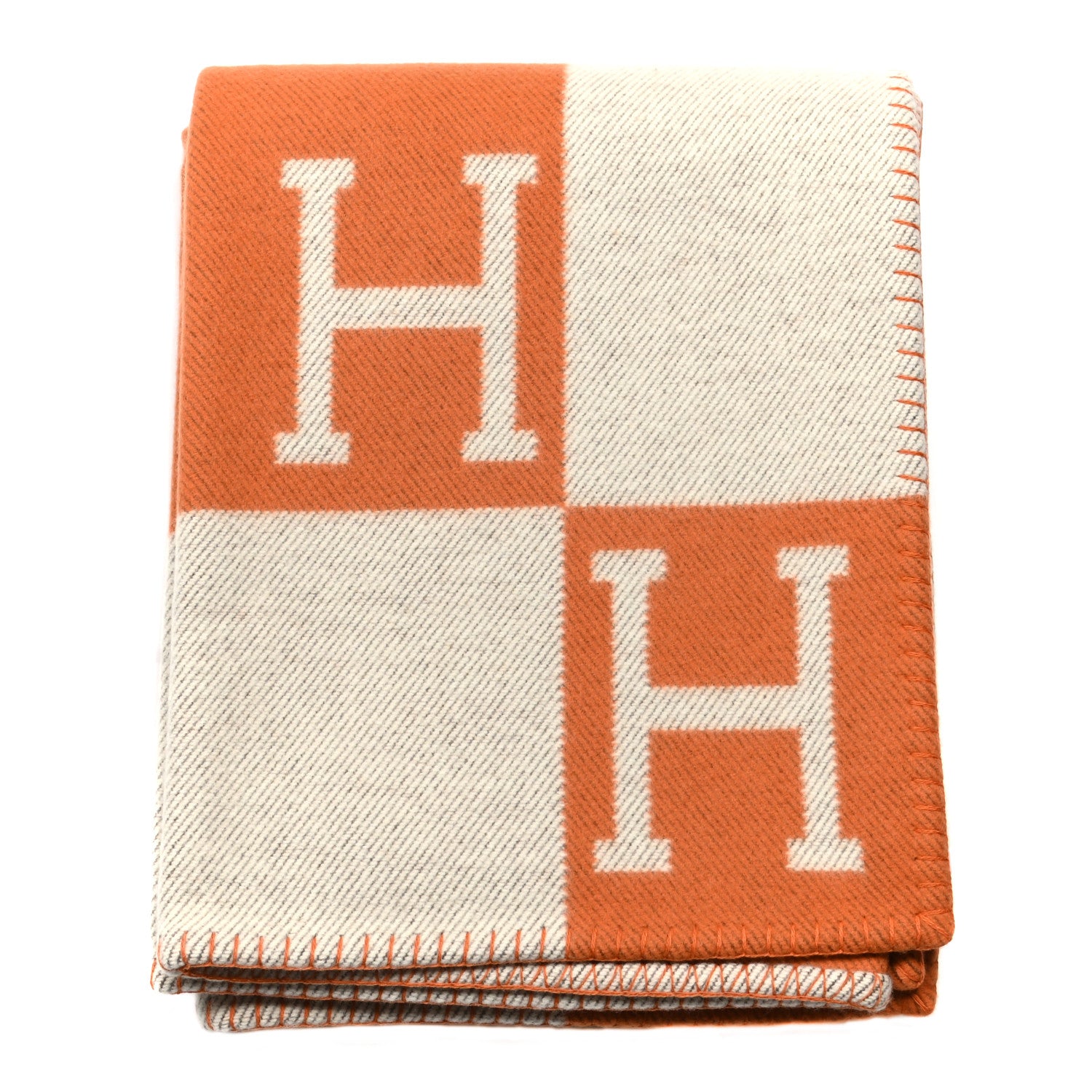 Hermes Wool Cashmere Signature Classic Avalon Blanket Ecru Potiron 1 of 3