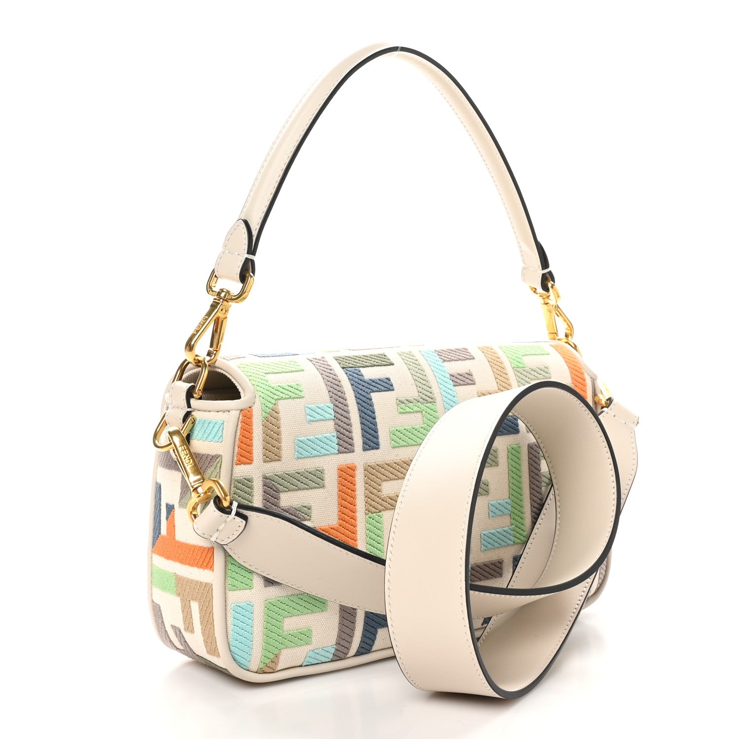 Fendi Canvas Vitello Seta FF Multicolor Embroidered Baguette Grezzo Multicolor Latte 3 of 10