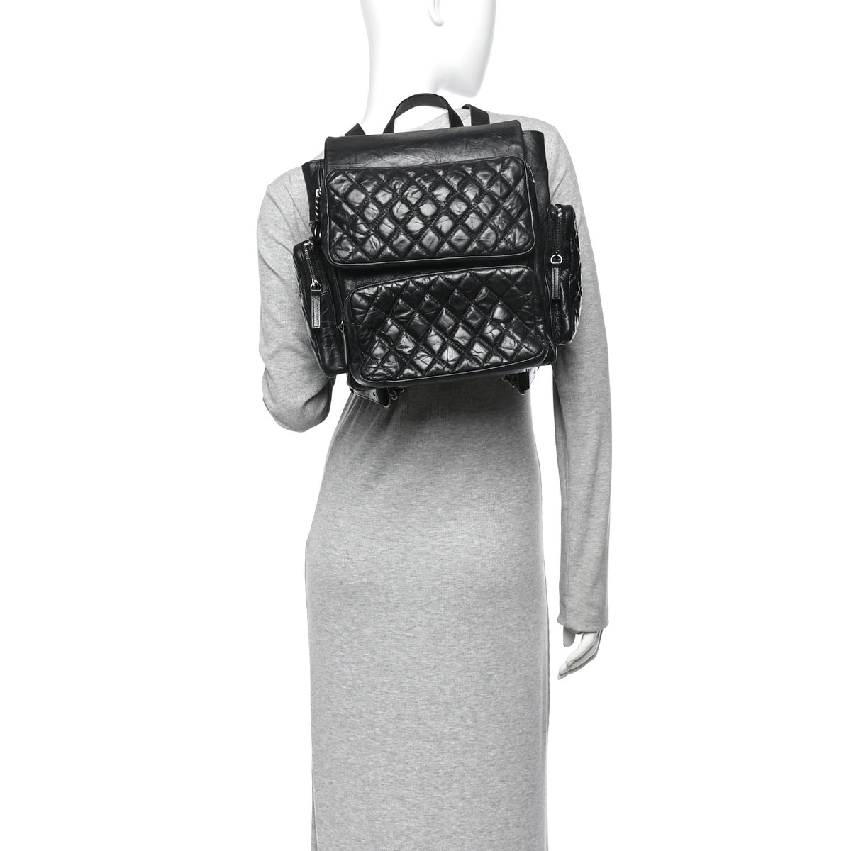 Grained Calfskin Quilted Large Casual Rock Backpack Black